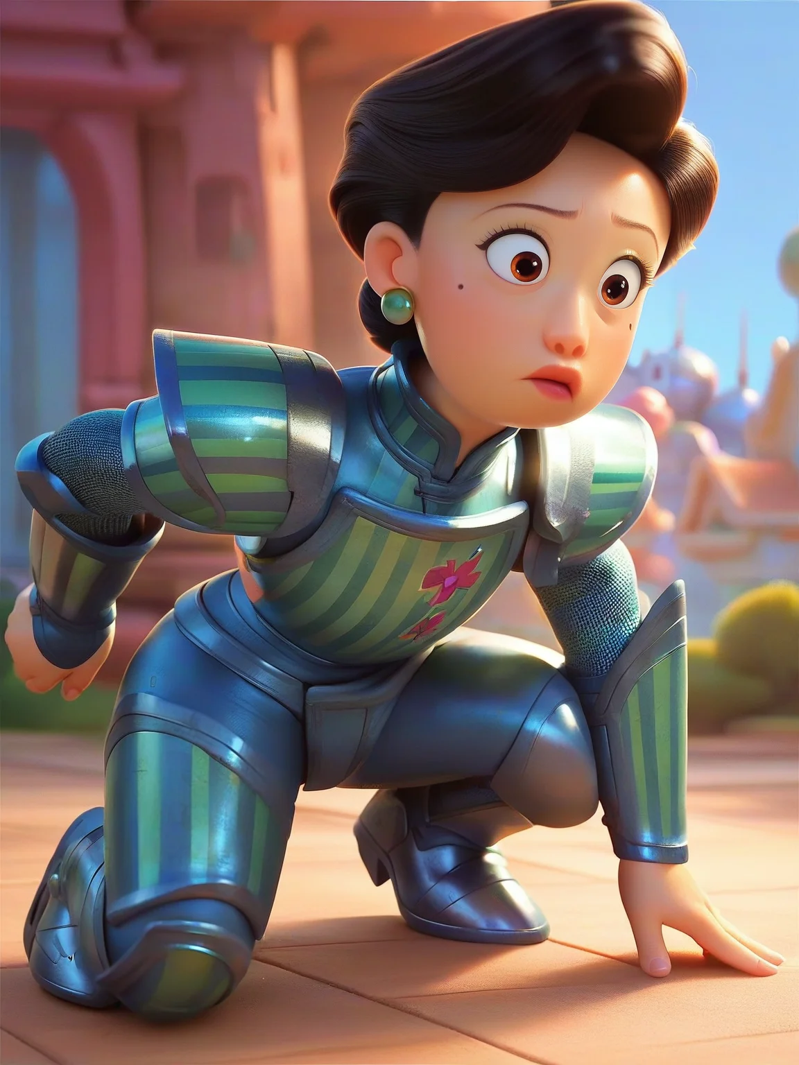 <lora:Ming Lee:0.8> m_l, 1girl, asian, bun black hair, wrinkles, brown eyes, mole under the eye, ((steel knight armor)), castle background, full body, score_9, score_8_up, score_7_up,