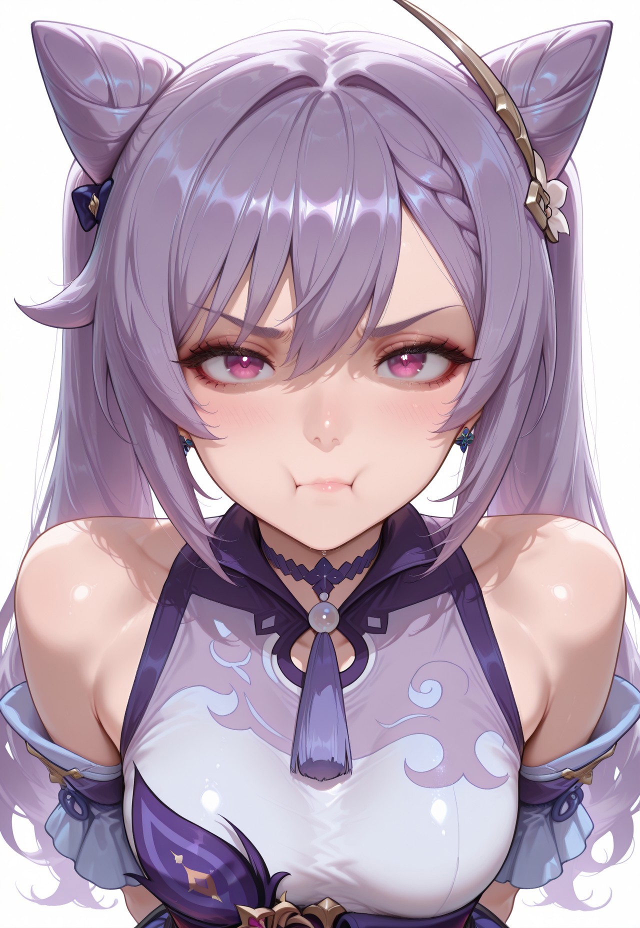 masterpiece, best quality, 4k, expressive eyes, perfect face, high detail, bloom, post processing, cinematic lighting, volumetric lighting, ((white background, simple background, front view, close-up, portrait)), standing, solo, looking at viewer, keqing from genshin impact, purple hair, clothed, detached sleeves, twintails, small breasts, skinny, slim body, small body, short girl, pout, hands behind back