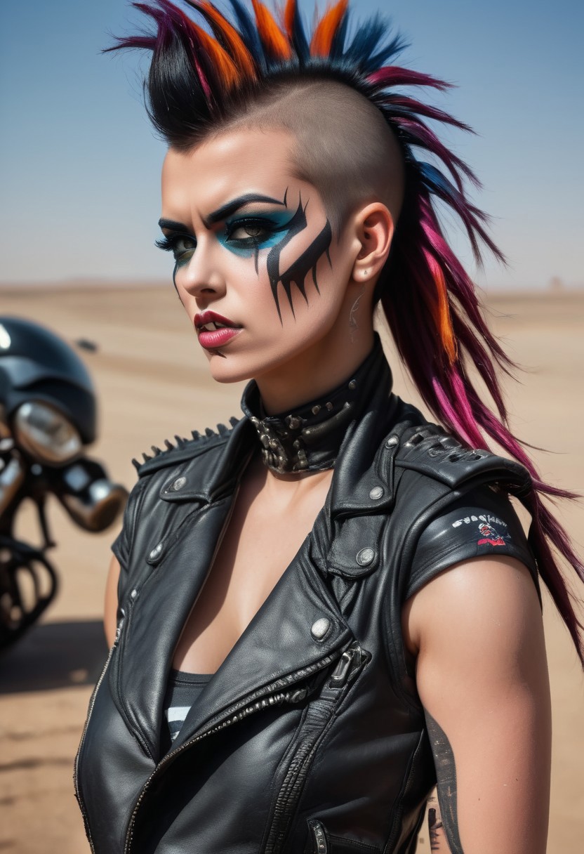 NovaBiker, 1girl, Mohawk, makeup, biker, leather
