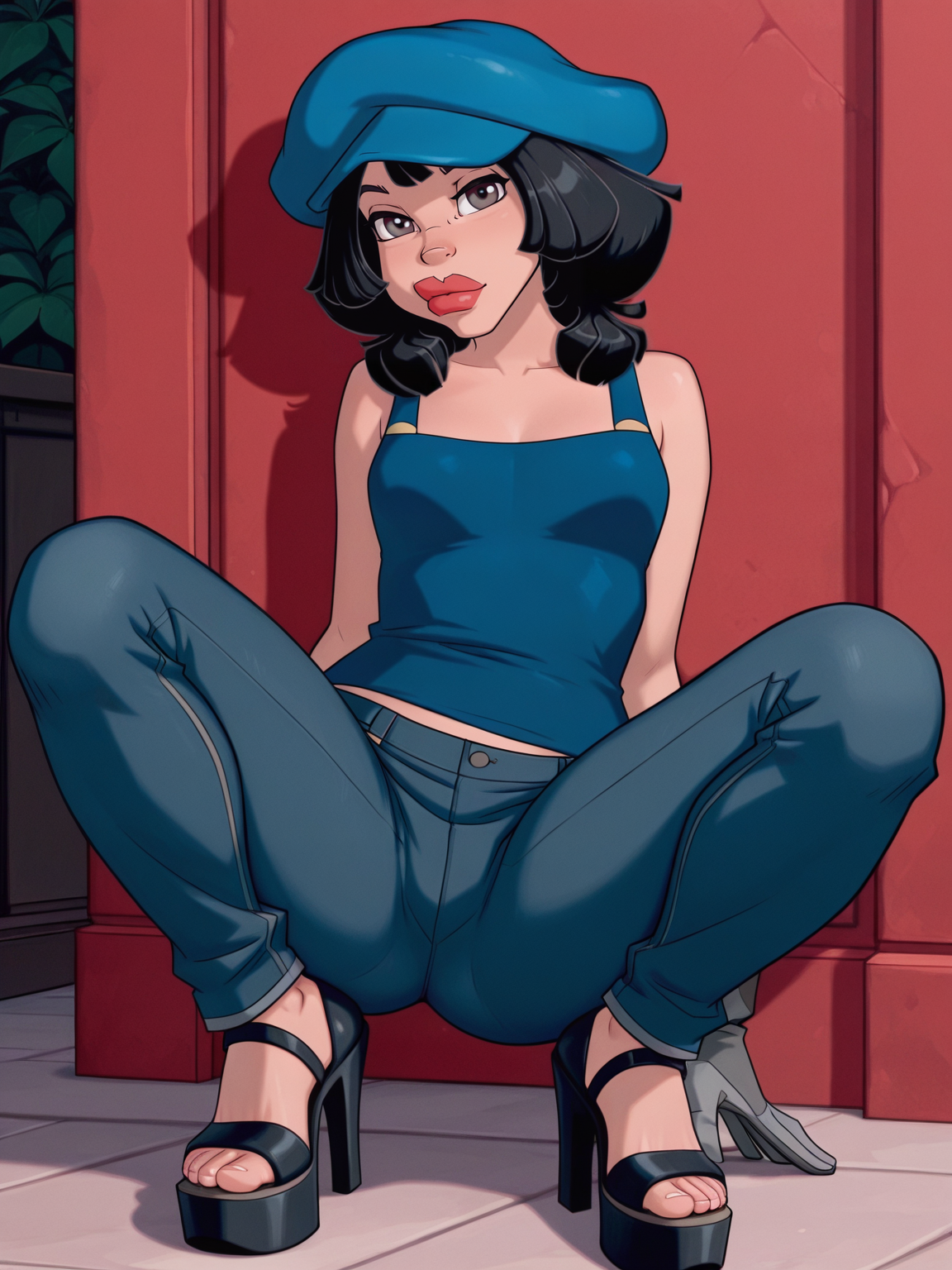<lora:Audrey_RamirezIL:0.9> a_r, 1girl, black short hair, red lips, ebony, aqua newsboy hat, brown eyes, gray mechanics gloves,
looking at viewer, squatting, front view, spreading legs, platform high heels, jeans