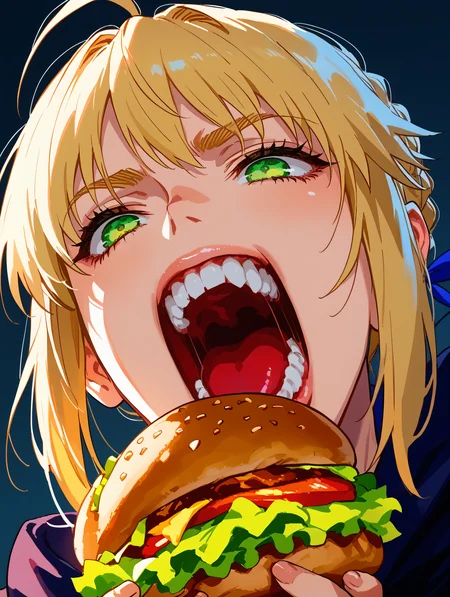 score_9, score_8_up, score_7_up, source_anime, cinematic lighting, dramatic lighting, s1_dram, <lora:S1_Dramatic_Lighting_v2:0.35>,
BREAK
artoria_pendragon_(fate), fate_(series), (1girl:1.5), blonde_hair, green_eyes, ahoge, (eating burger), <lora:Berserkface:0.835>, berserkscream. griffithscream, open mouth. teeth, scream. screaming, portrait, dark background