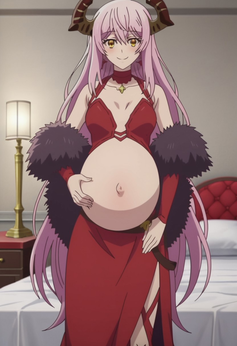 best quality, masterpiece, 4k, perfect lighting, very aesthetic, anime, anime coloring, official art, anime screencap,
bedroom, large pregnant belly, happy, smile, hand on belly,
Echidna, dragon girl,