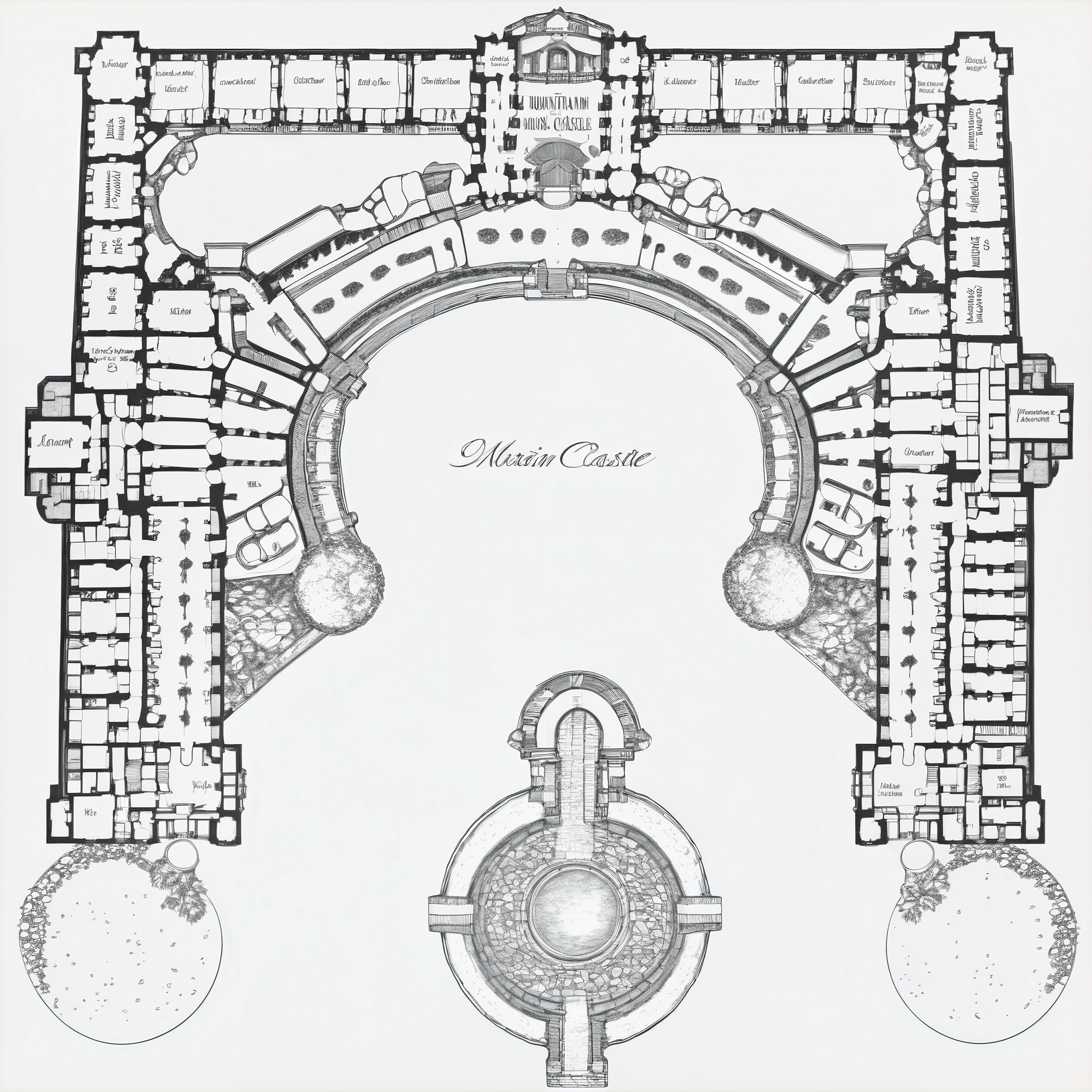 mountain castle floorplan with a beautiful courtyard, high resolution<lora:floorplans-prod-e-000012:1>
