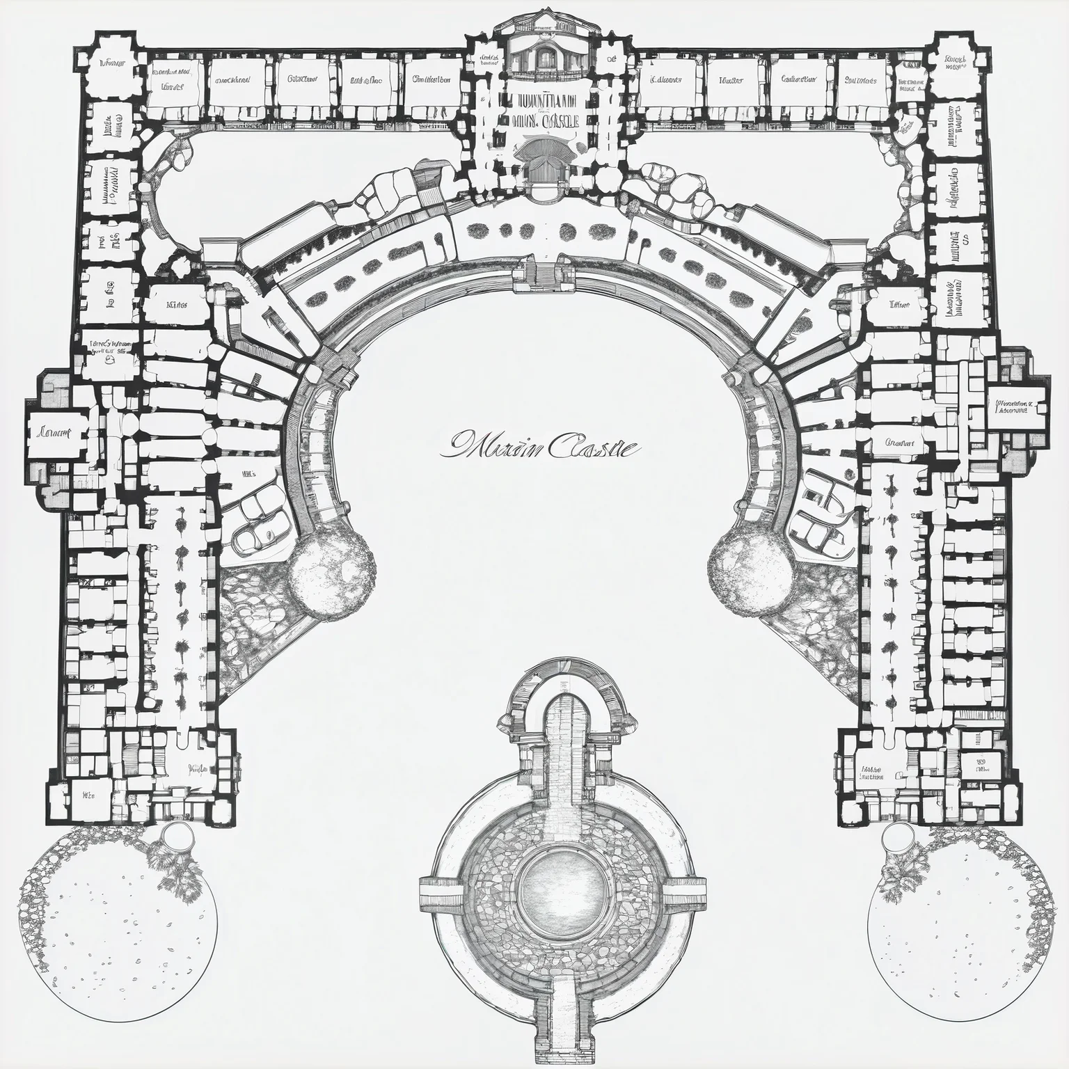 mountain castle floorplan with a beautiful courtyard, high resolution<lora:floorplans-prod-e-000012:1>
