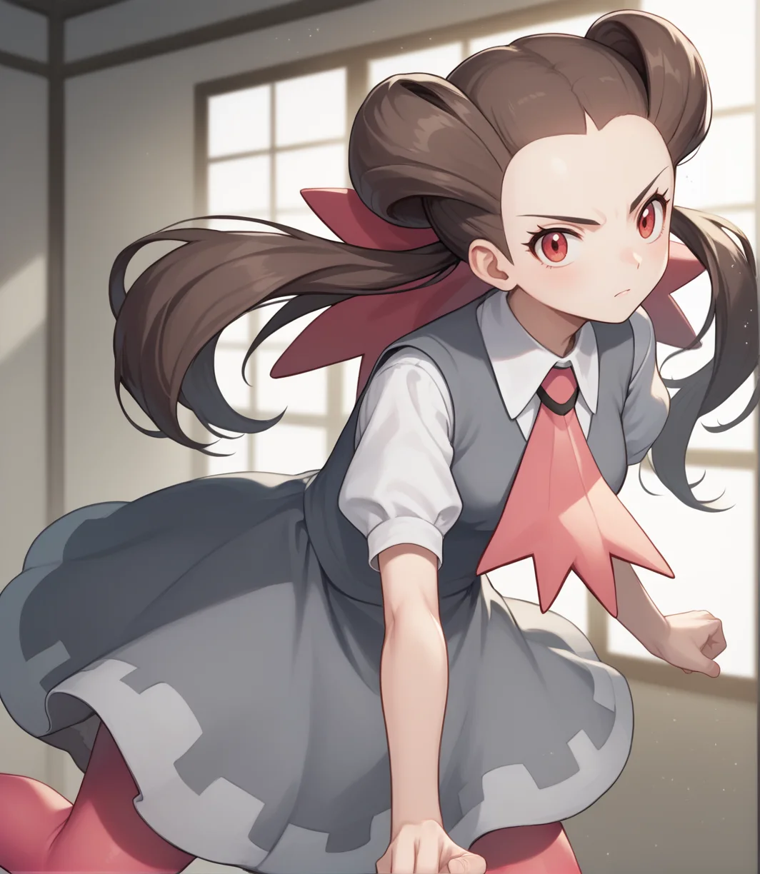 score_9,score_8_up,score_7_up,score_6_up,source anime BREAK, 1girl, solo,
looking at viewer, indoors, fighting stance, serious, indoors, dynamic angle, blurry background, particles,
1girl, roxanne (pokemon), long hair, hair pulled back, twintails, brown hair, eyelashes, red eyes, medium breasts,
pokemon oras, grey dress, white shirt, collared shirt, short sleeves, bow, pink ascot, hair ribbon, pink pantyhose,
<lora:roxanne_v1_0:1>
