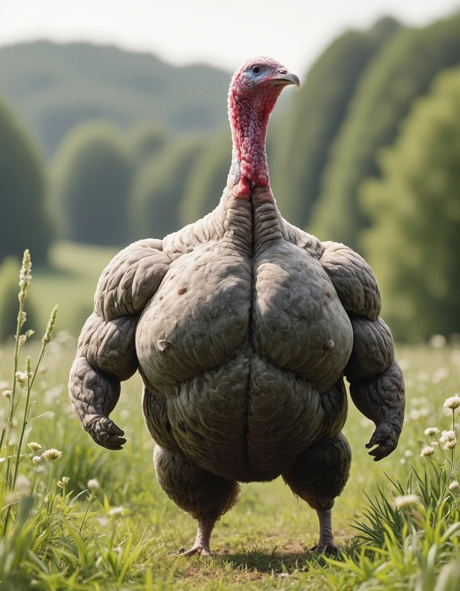 anthroid turkey walking in the farm meadow on a beautiful spring day