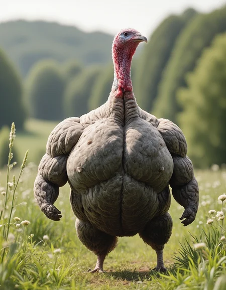 anthroid turkey walking in the farm meadow on a beautiful spring day