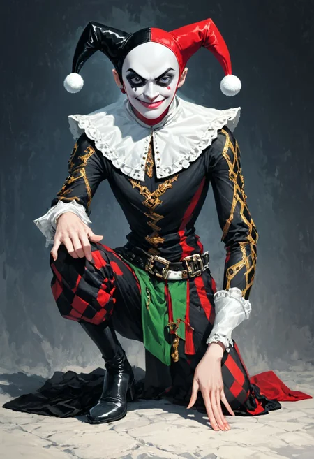A high-quality portrait-style image of a serious jester in a medieval costume, featuring an intriguing contrast of white, teal, black, and grey colors. This jester is not your typical funny character; instead, he embodies a more profound, contemplative demeanor, with only a slight smile playing on his lips. He is captured in an acrobatic action pose, one knee on the ground while arching his back gracefully, showcasing both strength and elegance. The ground and background are a vibrant teal, enhancing the dramatic flair of the scene. His makeup is intricately applied, emphasizing his sharp features and the duality of his role. The overall lighting is dynamic and intense, casting deep shadows and highlights that accentuate the contours of his costume and expression, creating a captivating atmosphere. This artwork should incorporate elements that highlight the contrast in colors while maintaining a focus on the jester's unique, serious character. <lora:xl_more_art-full / xl_real / Enhancer:xl_more_art-full-v1:1.00> <lora:Porcelain Demon Test:v1.0:1.00> <lora:Lighting Slider:v1.0:1.95>. pureerosface_v1