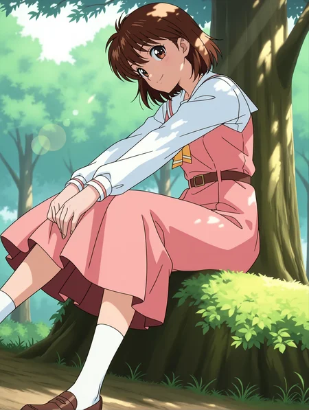 masterpiece,best quality,newest,
1girl,solo,
anime screencap,<lora:yukimura_keiko_ilxl_v1.1:0.9>,y_keiko,brown eyes,bangs,brown hair,short hair,
long_sleeves,socks,loafers,
<lora:Fixhands_anime_bdsqlsz_V1:1>,lens_flare,smile,white shirt,pink dress,brown footwear,knees_together_feet_apart,sitting,profile,tree,nature,lawn,looking_at_viewer,