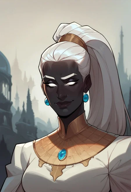 score_9, score_8_up, score_8, score_7_up, score_7, score_6_up, score_6, score_5_up, Score_5,human female, obsidian black skin, onyx black skin, round eyes, white eyes, small eyes, beautiful face, aesthetic face, narrow face, narrow nose, long nose, round ears, white eyebrows, long white hair, high ponytail, very tall, curvy, elegant, royal, aristocratic, majestic, chin up, seductive smile, slender. Silver jewelries. White jewelries. Blue jewelries. Lots of jewelries. White bracers, tight white dress,, vox machine style, 1girl, female focus, solo, portrait, background of snow-covered landscape, fantasy, (dynamic lighting:1.1)
((masterpiece))