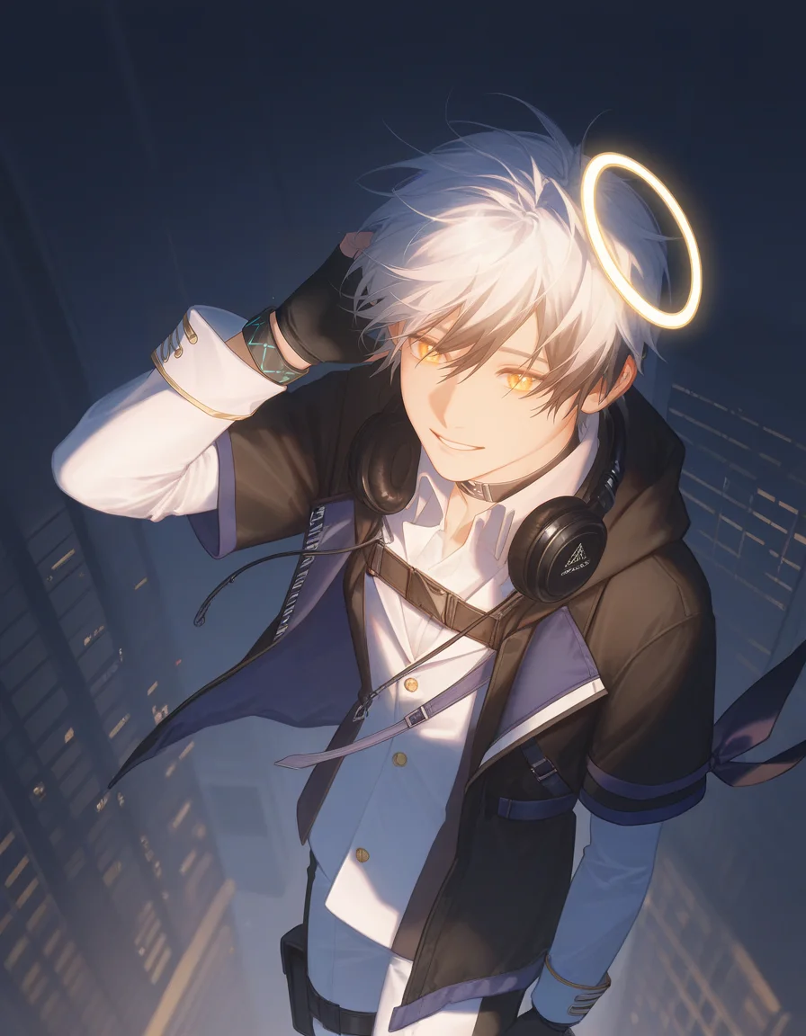 1boy, adnachiel \(arknights\), adnachiel, solo, (mature male:1.2), tilted halo, yellow eyes, bright pupils, short hair, white hair, black streaked hair, (artist:krenz, artist:quuni, artist:mebaru:1.2), nyalia, depth of field, atmospheric perspective, realistic lighting, night sky, cityscape, skyscraper, from above, (falling:1.3), upside-down, smile, short over long sleeves, white gakuran, white shirt, gold buttons, collared shirt, white sleeves, sleeve cuffs, choker, black headphones, headphones around neck, black jacket, chest belt, short-sleeved jacket, hood down, bandana around arm, single wristband, open jacket, thigh strap, thigh pouch, two-tone pants, white pants, black pants, fingerless gloves, black gloves, perfect face, detailed face, detailed eyes, perfect eyes, masterpiece, best quality, newest, absurdres, highres, uncensored, <lora:nyalia:0.4>, <lora:Adnachielå®å¾·åå°5 lora.TA_trained:0.8>, <lora:DetailedEyes_xl_V2:1>, <lora:add-detail-xl:2>