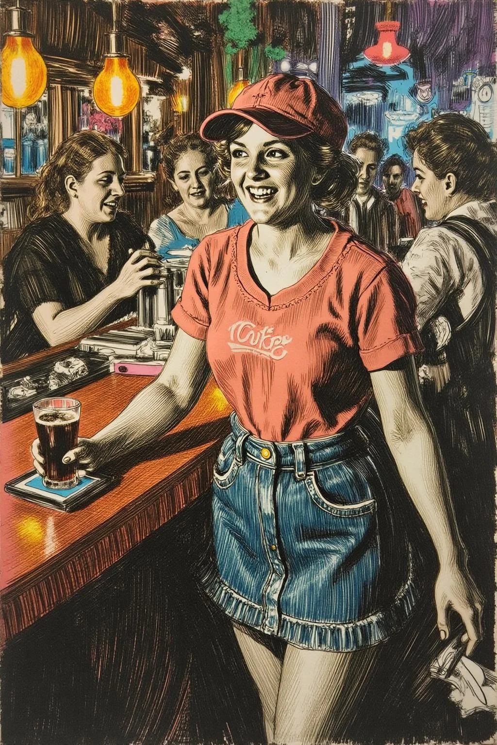 anzo1 black and white etching.
The air buzzes with the energy of a busy bar, a mix of music, conversation, and the clinking of glasses. A barmaid, the embodiment of youthful vibrancy, navigates the lively scene. She wears a peach-coloured T-shirt, the soft fabric contrasting with the smooth, cold glass of coke she carries on a small tablet. Her short skirt adds a playful touch, and a backwards baseball cap hints at a carefree attitude. The setting and atmosphere are palpable: the warm, slightly sticky surface of the bar counter under her fingertips, the dim, colourful lighting that casts playful shadows. Sensory details are abundant: the condensation forming on the glass of coke, the texture of her denim skirt, and the way the bar lights catch the highlights in her hair. Her confident stride, her quick smile, and her efficient movements. Stylistically, the image draws inspiration from the vibrant, candid shots of nightlife photographers, with a touch of the stylized realism found in contemporary illustration. There's a deliberate contrast between the barmaid's youthful energy and the slightly worn, lived-in atmosphere of the bar, creating a dynamic and engaging image. <lora:anzo1_nocap_d6a3:1.0><lora:815136521926718518:0>