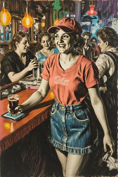 anzo1 black and white etching.
The air buzzes with the energy of a busy bar, a mix of music, conversation, and the clinking of glasses. A barmaid, the embodiment of youthful vibrancy, navigates the lively scene. She wears a peach-coloured T-shirt, the soft fabric contrasting with the smooth, cold glass of coke she carries on a small tablet. Her short skirt adds a playful touch, and a backwards baseball cap hints at a carefree attitude. The setting and atmosphere are palpable: the warm, slightly sticky surface of the bar counter under her fingertips, the dim, colourful lighting that casts playful shadows. Sensory details are abundant: the condensation forming on the glass of coke, the texture of her denim skirt, and the way the bar lights catch the highlights in her hair. Her confident stride, her quick smile, and her efficient movements. Stylistically, the image draws inspiration from the vibrant, candid shots of nightlife photographers, with a touch of the stylized realism found in contemporary illustration. There's a deliberate contrast between the barmaid's youthful energy and the slightly worn, lived-in atmosphere of the bar, creating a dynamic and engaging image. <lora:anzo1_nocap_d6a3:1.0><lora:815136521926718518:0>