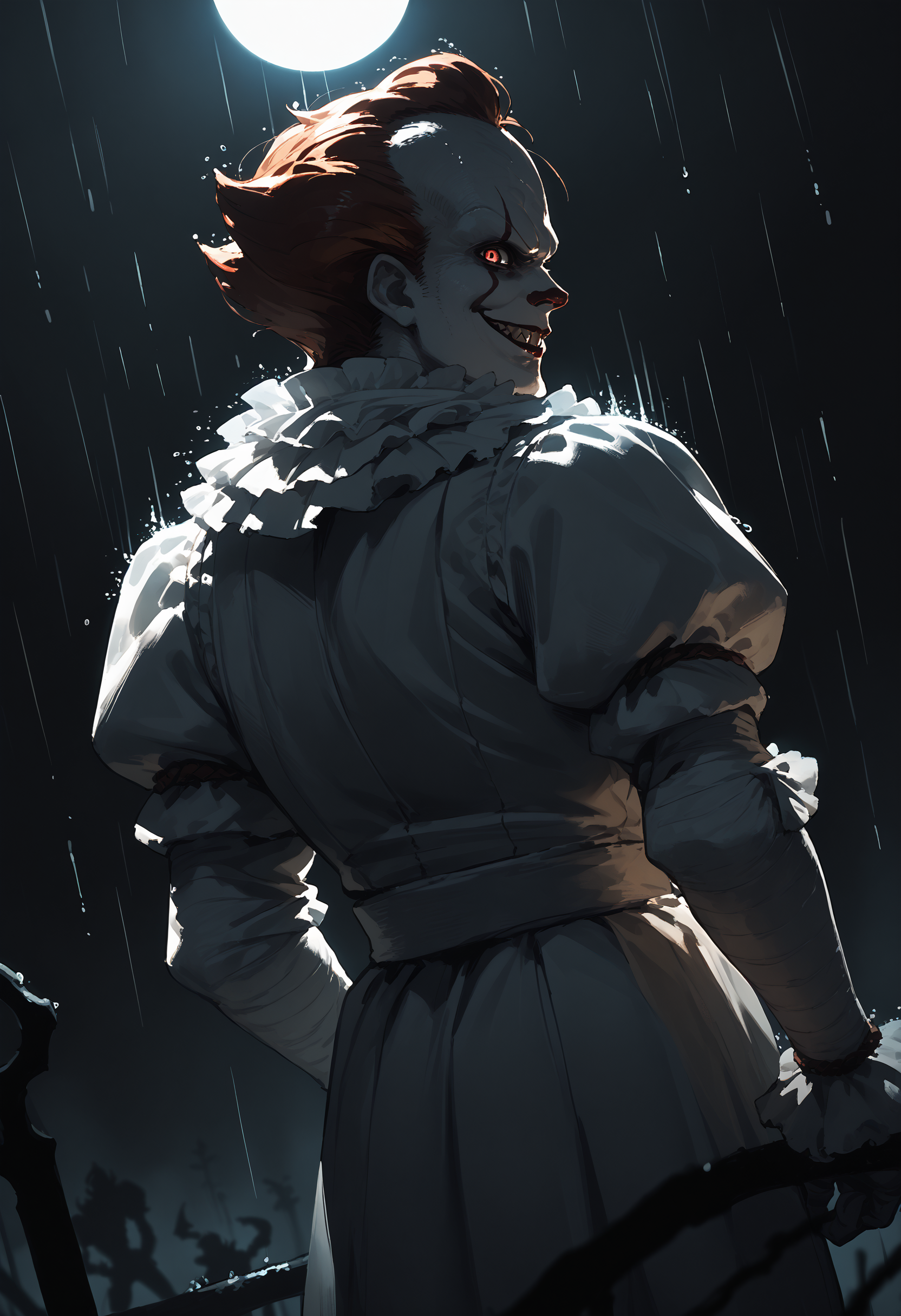 score_9, score_8_up, score_7_up, score_6_up, 1boy, monster, solo, white costume, 
looking back, rain, dark background, silhouette, looking at viewer, evil smile, dutch angle, dim lighting, dark theme,
<lora:pennywise_v0.6-pony:1>
<lora:dark_v1.9-pony:0.7>
