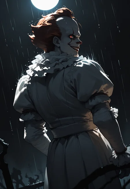 score_9, score_8_up, score_7_up, score_6_up, 1boy, monster, solo, white costume,
looking back, rain, dark background, silhouette, looking at viewer, evil smile, dutch angle, dim lighting, dark theme,
<lora:pennywise_v0.6-pony:1>
<lora:dark_v1.9-pony:0.7>