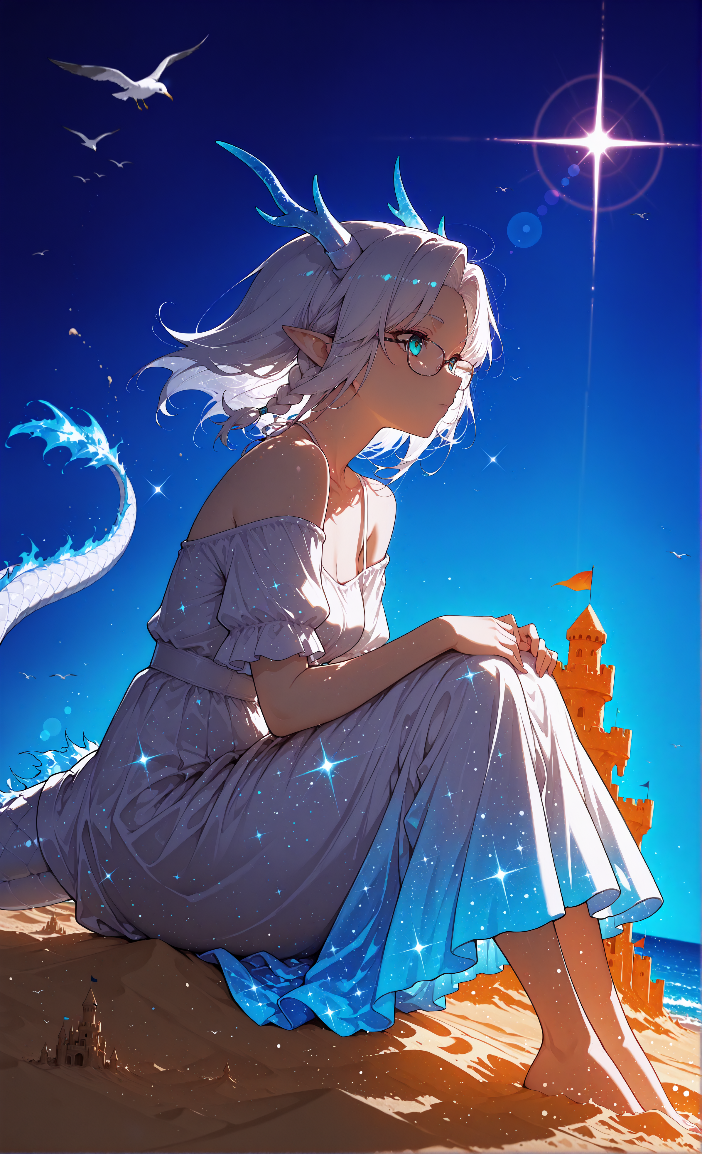 masterpiece, sharp detail, intricate detail, 1girl, (sha \(siasha0104\)), floating hair, mature female, dragon girl, white dragon tail, white dragon horns, white hair, black tips, medium hair, curtained hair, side braid, glasses, pointy ears, aqua eyes, small breasts, ink art, summer dress, bare shoulders, short sleeves, off shoulder, white dress, starry print on dress, gradient dress, from side, bare foot, sand, ocean, seagulls, lens flare, color splash, neon palette, sitting on sand, holding own knees, blue background, gradient background, off-shoulder dress, huge sand castle, chiaroscuro, volumetric lighting, dappled light, dramatic shadows, cinematic lighting, detailed background, light and shadow contrast, <lora:aboba_prime_3:0.8> <lora:Bright_style:0.6> Bright_illu, sparkle, <lora:darkness_xl_v20:0.5>