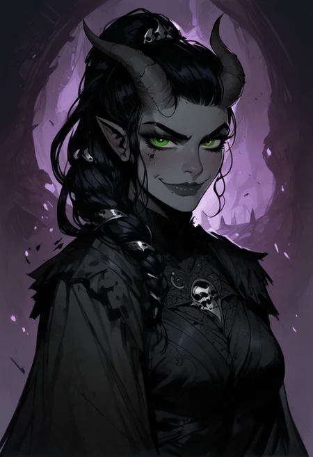 score_9, score_8_up, score_7_up, BREAK, 1woman portrait, beautiful, dramatic lights ((Succubus, Demon Girl, Succub, horns, seductive, seductive look, goth, goth girl, goth makeup, green eyes, wings, bat wings grey skin, grey colored skin, black hair, long braided ponytail, bangs, side bangs, happy, smug))
<lora:Fant5yP0ny:0.6> <lora:fantasy_world_pony:0.9>
<lora:Cherry-Gig:0.55>