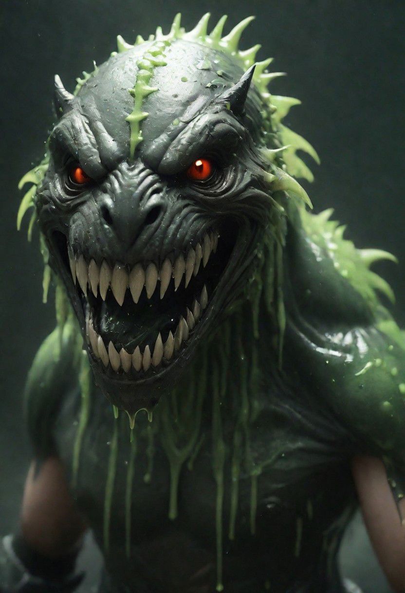 Black ltex Creature , (open mouth:1.6) ( horror) (multitude of large sharp teeth filled with slime:1.5)(moustruous;1.6)