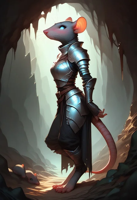score_9, score_8_up, score_7_up, score_6_up, 1 anthro skaven girl, sexy face, wearing knight female armor, cute face, blue eyes, hazel red eyes shy, nose blush, medium boobs, chest up, grey fur, bald, fullbody, smirking, (dark green glowing cave background), 3/4 side view, full body view