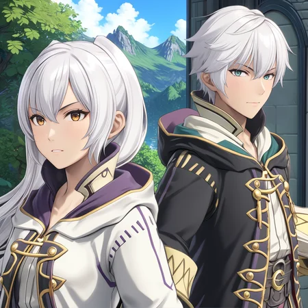 RobinFEXL, 1boy 1girl, white hair, wizard, , (anime, masterpiece, intricate:1.3), (best quality, hires textures, high detail:1.2), (4k),(incredibly detailed:1.4),UHD, 8K, ultra detailed <lora:RobinFEXL:.9>