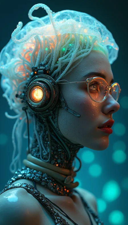 Ethereal cyborg woman, bioluminescent jellyfish headdress. Steampunk goggles blend with translucent tentacles. Cracked porcelain skin meets iridescent scales. Mechanical implants and delicate tendrils intertwine. Human features with otherworldly glow. Dreamy aquatic hues contrast weathered metal. Reflective eyes capture unseen worlds. Soft bioluminescence meets harsh desert backdrop. Fusion of organic and synthetic, ancient and futuristic. Hyper-detailed textures, surreal atmosphere.