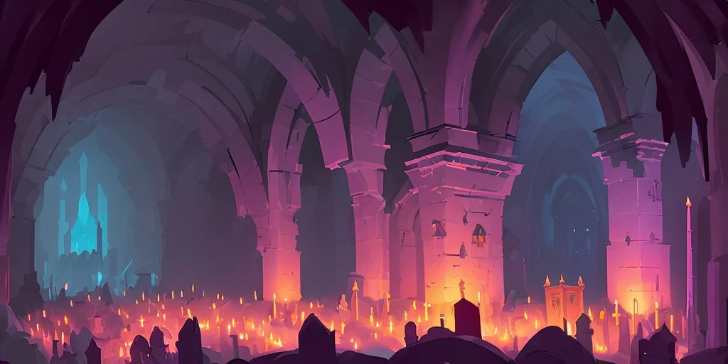 a dark cavernous cave cathedral lit by torches and sconces with pink and teal magical energy surrounded by tombstones and monuments graveyard 512PaintStyle3-Light