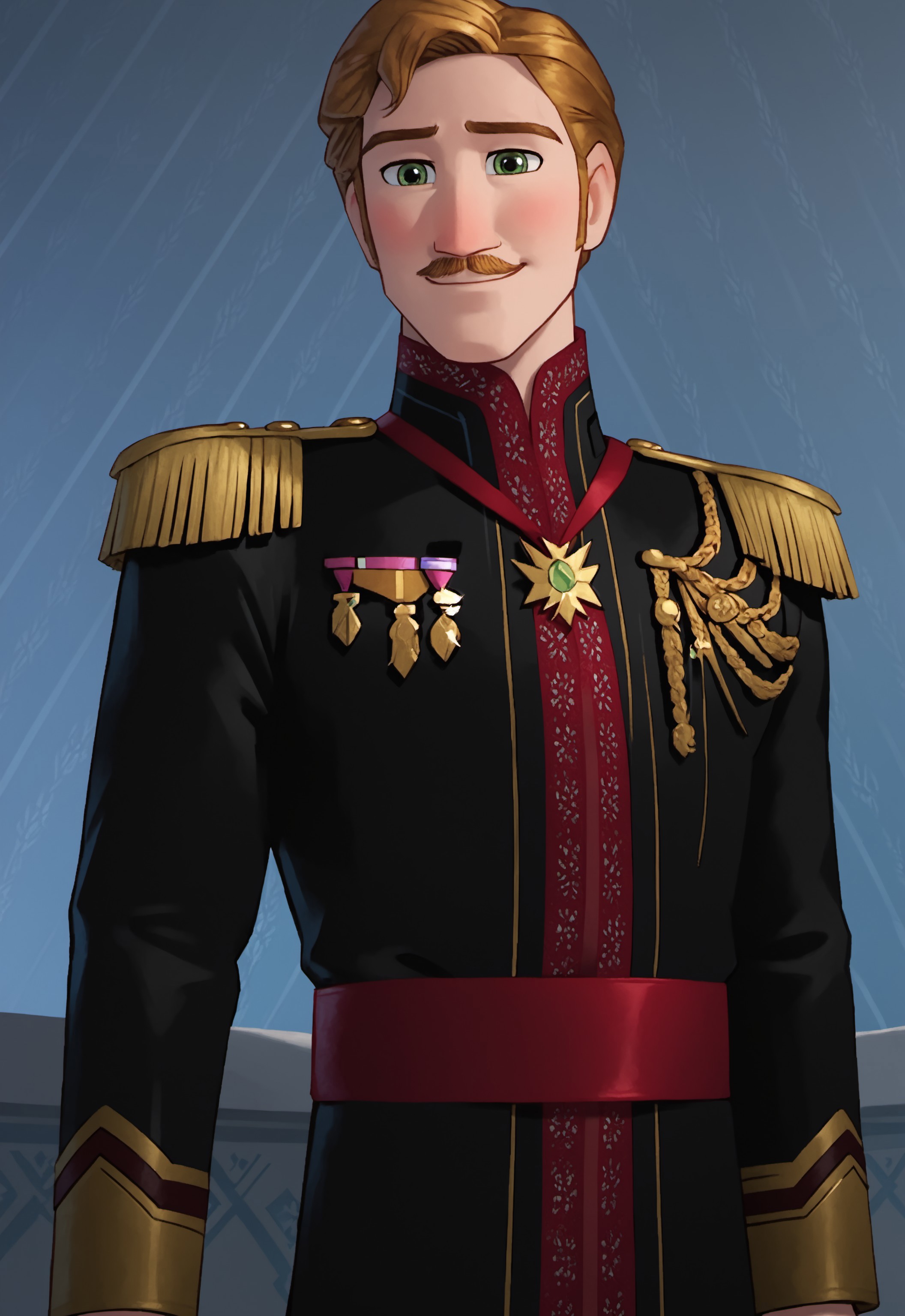 safe_pos, safe_pos, score_9, score_8_up, rating_nsfw, ultra hd, absurdres, best quality, best aesthetic, masculine, hand with five fingers, solo, 1boy, male focus, perfect proportions, erotic, mature male, Expressiveh, WolfConF,

FrozenAgnarr, military uniform, blonde hair, mustache, green eyes, looking at viewer, horny smile, perverted look, dutch angle, half body, frozen background, frozen castle background, frozen (disney), detailed bedroom