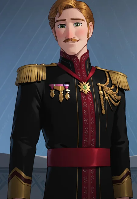 safe_pos, safe_pos, score_9, score_8_up, rating_nsfw, ultra hd, absurdres, best quality, best aesthetic, masculine, hand with five fingers, solo, 1boy, male focus, perfect proportions, erotic, mature male, Expressiveh, WolfConF,

FrozenAgnarr, military uniform, blonde hair, mustache, green eyes, looking at viewer, horny smile, perverted look, dutch angle, half body, frozen background, frozen castle background, frozen (disney), detailed bedroom