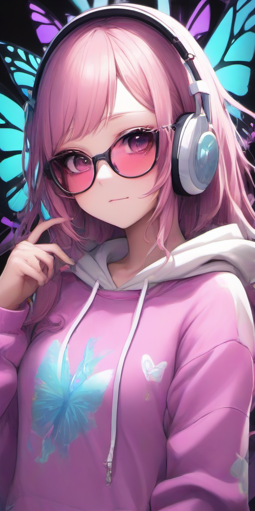 Masterpice,High Quality,portrait,anime,
 <lora:PE_ButterflyLady:0.7> PEButterflyLady, 
wearing a hoodie,headphones,sunglasses,