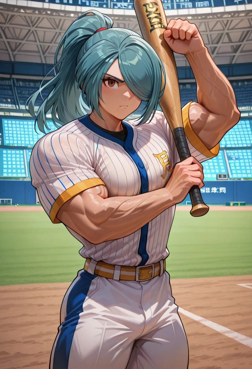 masterpiece, best quality, , semi-realistic, , 1boy, solo, male focus, ,veiny body, big muscles, broad shoulder, big pecs, small waist, huge veiny, male, muscular, veiny muscles, big muscular, sports field, baseball uniform, baseball, striped belt, shirt under shirt, sportswear, ribbed shirt, baseball bat, baseball jersey, baseball field, holding baseball bat, baseball uniform, baseball, striped belt, shirt under shirt, sportswear, ribbed shirt, baseball bat, baseball jersey, baseball field, holding baseball bat,freshly painted lines, cheering fans, glowing scoreboard, playing pose, determined expression, vibrant energy,nathan, 1boy, male focus, solo, hair over one eye, brown eyes, blue hair, ponytail, long hair,