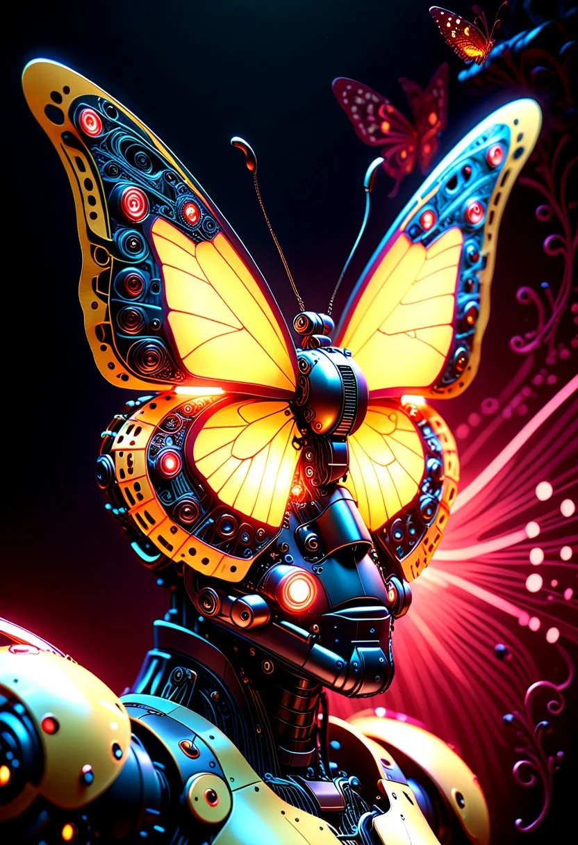 A striking illustration of a robot's face, illuminated by a soft red light, captivated by a radiant butterfly hovering above it. The robot's metallic features are intricately detailed, and its large, expressive eyes convey a sense of wonder and curiosity. The butterfly, with its vibrant yellow wings adorned with intricate patterns, emits a luminescent glow. The background is a deep, inky black, accentuating the contrast between the butterfly and the robot, and creating a mysterious, cinematic atmosphere., cinematic, vibrant, photo, illustration