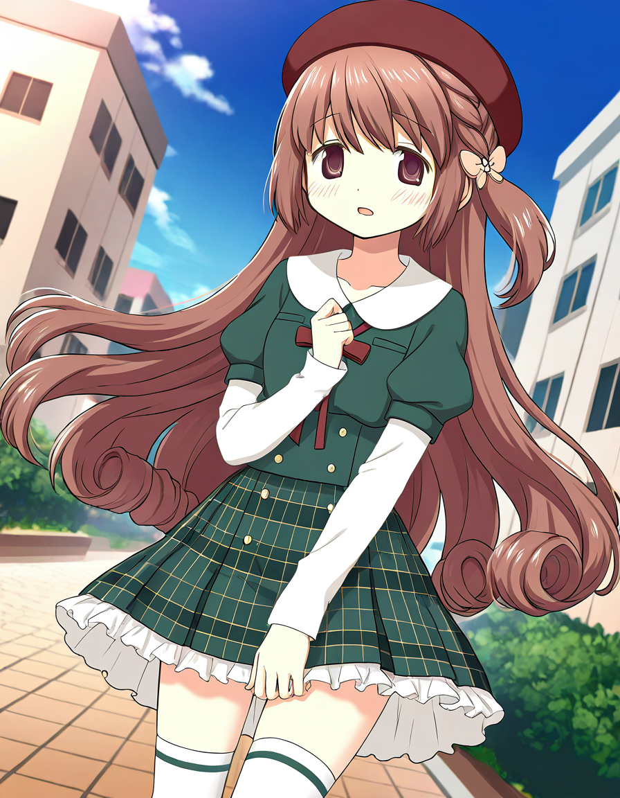 masterpiece, best quality, newest, absurdres, highres, safe, 1girl, satomi touka \(school uniform\), magia record: mahou shoujo madoka magica gaiden, white sleeves, white thighhighs, outdoors, dutch angle, <lora:satomi_touka_noobaiXLNAIXL_vPred10Version:0.7>