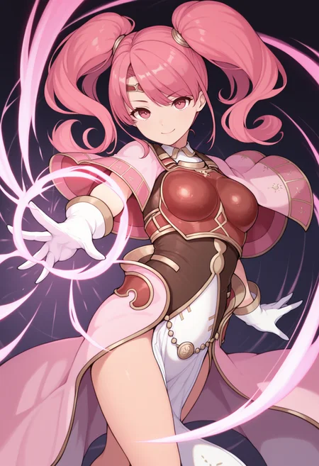 masterpiece, best quality, solo, 1girl, smile, looking at viewer, <lora:Mae-illus_Fp:1>, maefe, twintails, pink hair, pink eyes, long hair, circlet, armor, breastplate, capelet, pelvic curtain, white gloves, magic, casting spell, outstretched arm,