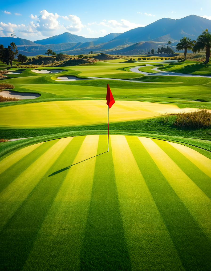 A stunning golf course captured in a high-resolution photograph, bathed in warm sunlight during the golden hour. The vast landscape features lush, perfectly manicured green fairways stretching into the distance, surrounded by rolling hills and scattered sand bunkers with smooth, raked surfaces. A crystal-clear water hazard reflects the sky, adding depth to the scenery. In the foreground, a pristine white golf ball rests on the neatly trimmed grass near a wooden tee marker. A red flag flutters gently atop a flagstick, marking the hole on the undulating green. Tall palm trees or majestic pines line the course, casting long shadows. The background showcases a breathtaking view of distant mountains or a serene blue ocean, enhancing the sense of tranquility and luxury. The sky is a brilliant shade of blue with soft, wispy clouds. The overall composition exudes elegance, precision, and the beauty of nature, capturing the essence of a world-class golf course.
<lora:SDXLFaeTastic2400:0.4> <lora:extremely_detailed:0.4> extremely detailed,<lora:golf_course:1>,golf c0urs3, Masterpiece,best quality,hi res,8k,hi res,8k,award winning,(sharp focus, intricate, highly detailed),