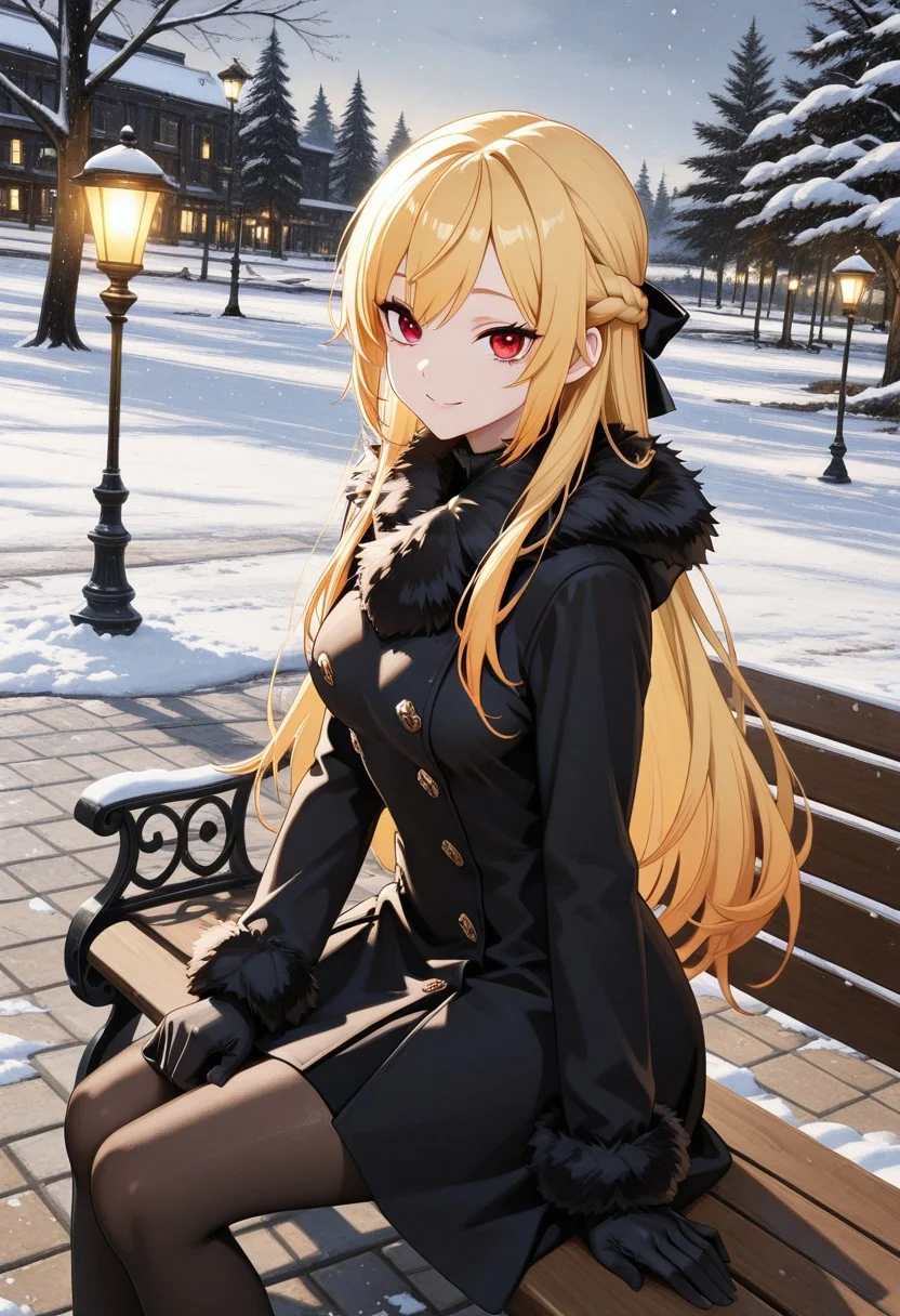 1girl, solo, anime coloring, anime artwork, unholy-aesthetic, masterpiece, best quality, newest, absurdres, highres, safe, CG, cinematic lighting, natural shadow, highest detail, detailed background, intricate scenery, depth of field, insane details, intricate, subsurface scattering, very aesthetic, serene atmosphere, artistic rendering, dramatic contrast, luminous elements, soft painterly texture, striking visual design, finely detailed face, beautiful face, dutch angle, cinematic angle, from side,
looking at viewer, kind smile,
sitting, sitting on bench,
park, tree, lamp post, snow, cobblestone,
<lora:kaelaIL:0.45> kaelaIL, long hair, french braid, blonde hair, red eyes, tsurime,
<lora:VintageFurTrimCoatILL:0.8> fur trim, fur-trimmed coat, coat, pantyhose, gloves, fur-trimmed gloves, (black gloves:1.5)