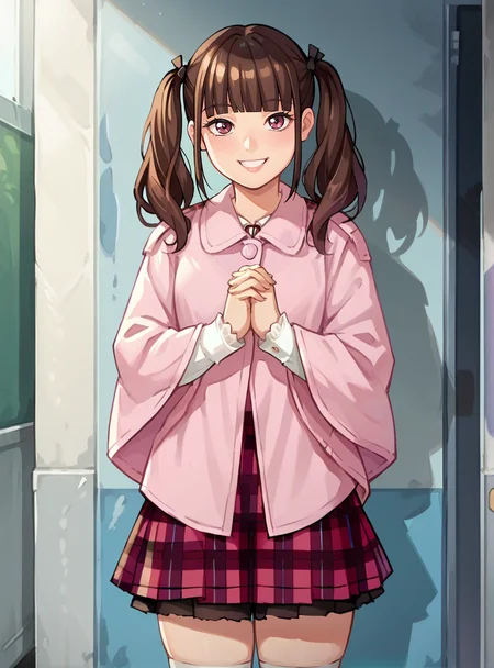 score_9, score_8_up, score_7_up, score_6_up, source_anime, (anime screencap), uncensored    anime coloring  anime coloring,   <lora:KaguraIzumi:0.8>kaguraizumi, 1girl, solo, skirt, smile, thighhighs, bangs, plaid, brown hair, blunt bangs, plaid skirt looking at viewer,  ,twintails,  two side up, thick thighs, , own hands together,  thick thighs,