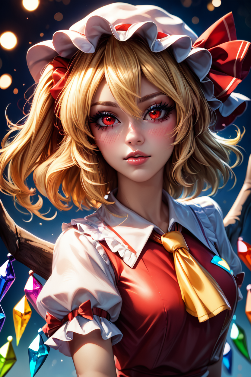 score_9, score_8_up, score_8, medium breasts, (curvy), cute, eyelashes,       BREAK, ,  ,,,  zzFlandre, red eyes, blonde hair, one side up, hair between eyes,  wings, ascot, red skirt, hat ribbon, short sleeves, puffy sleeves, mob cap, red shirt,  <lora:FlandreTouhou_PDXL:0.8>,   ,,, , BREAK,  (ultra realistic,32k, masterpiece:1.2),(high detailed skin:1.1),( high quality:1.1), curvy, head tilt, hearts, blush, lips, closed mouth, curvy, head tilt, shiny clothes, (upper body), looking at viewer, bokeh, luminescent background, ,,, embedding:zPDXL, Expressiveh, ,,, <lora:RlAnmPDXL:1.0>,