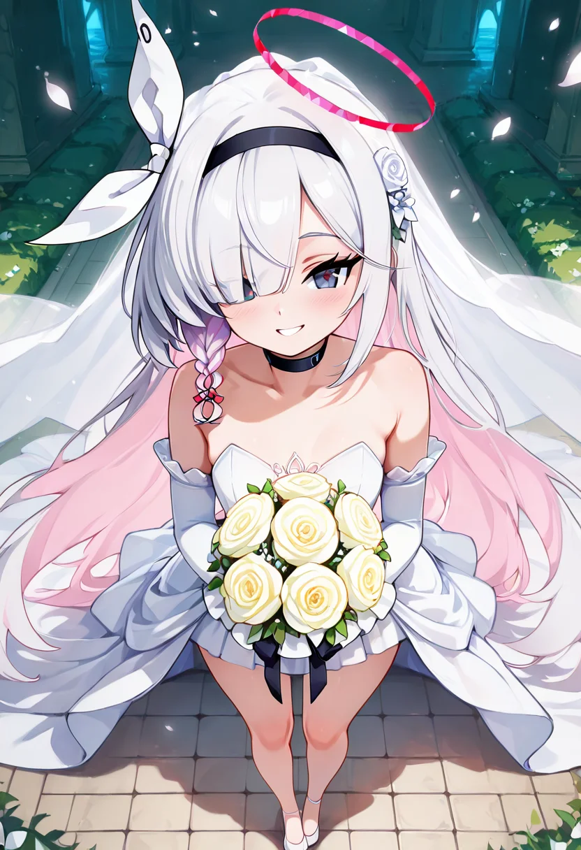 masterpiece, best quality, solo, curvy, beautiful eyes,  narrow waist, wide hips, zzPlana, grey eyes, white hair, bangs, braid, ribbon, halo, hair over one eye, black choker, bow hairband, hairband,  dynamic angle, foreshortening, close up, smile, looking at viewer,   ,       <lora:PlanaBlueArchiveIXL:1.0>, [Elegant Bridal Moment], Strapless wedding dress, elbow-length gloves, flowing bridal veil, white heels, delicate bouquet, Standing in a sunlit garden aisle, surrounded by soft flower petals and dappled light filtering through trees, radiating grace before the ceremony.