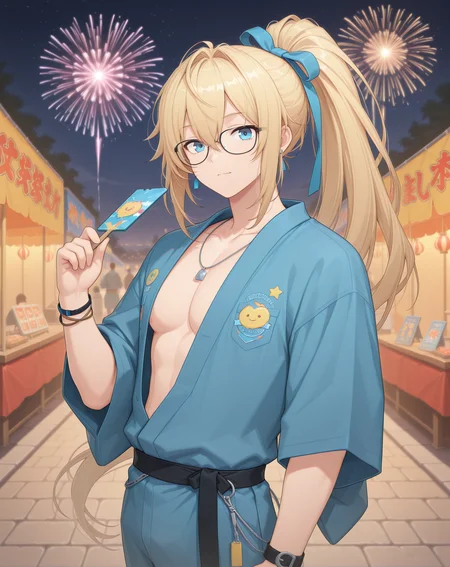 masterpiece,best quality,amazing quality, newest, very aesthetic, absurdres,
1boy, solo, yaoi, male focus, looking at viewer, cowboy shot,
<lora:Grandiel_Commentator_ilxl:1> grandielcommentator, blonde hair, blue eyes, glasses, high ponytail, black-framed eyewear, hair between eyes, sidelocks, hair intakes,
yukata, open clothes,
outdoors, festival, night, fireworks, stone floor,