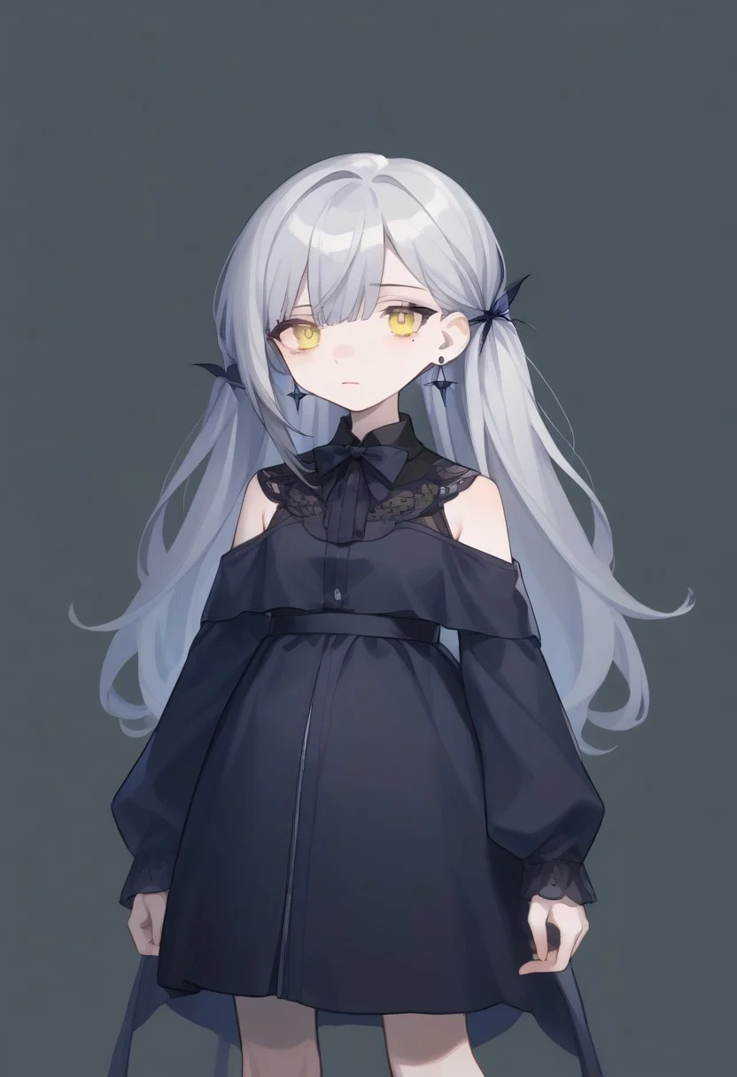 score_9, score_8_up, score_7_up, source_anime, BREAK, standing, simple background, cowboy shot, grey hair, yellow eyes, mole under eye, pale skin, earrings, clothonc, black dress