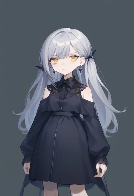 score_9, score_8_up, score_7_up, source_anime, BREAK, standing, simple background, cowboy shot, grey hair, yellow eyes, mole under eye, pale skin, earrings, clothonc, black dress
