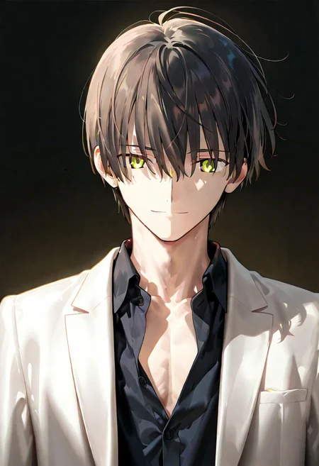 ((masterpiece, best quality, amazing quality, very aesthetic, absurdres)),
Takeuchi takashi, ((solo)), calm, smile, closed mouth, 1boy, solo, peaceful, closed mouth, slim_build (((yagami_light face))), (((black hair, yellow eyes))), ((short hair, hair between eyes)), (((white suit, open suit, black shirt, collared shirt, black slacks))), no background, dark background, sideshot, cowboy shot, dark background, portrait,