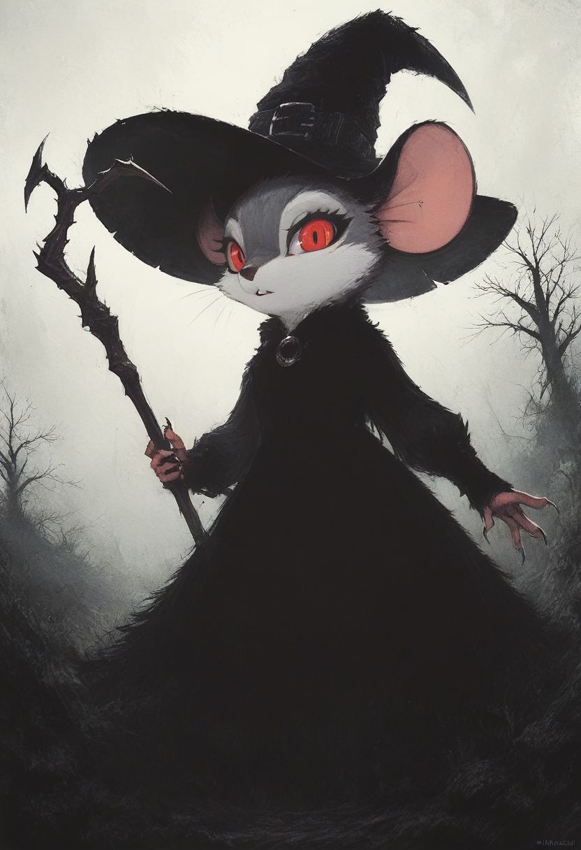 score_9, score_8_up, score_8, solo, (fluffy:0.8), (feral), furry, (((mouse))), female, claws, (fluffy cheeks:0.7), (black dress), grey fur, black ears, red eyes, look at viewer, (solo:2), j_cartoon, low angle view, aesthetic, dramatic angle, unique perspective, unique angle, night, dark, forest, (witch hat), staff, (cruel expression)