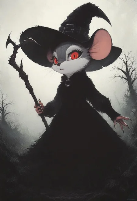 score_9, score_8_up, score_8, solo, (fluffy:0.8), (feral), furry, (((mouse))), female, claws, (fluffy cheeks:0.7), (black dress), grey fur, black ears, red eyes, look at viewer, (solo:2), j_cartoon, low angle view, aesthetic, dramatic angle, unique perspective, unique angle, night, dark, forest, (witch hat), staff, (cruel expression)