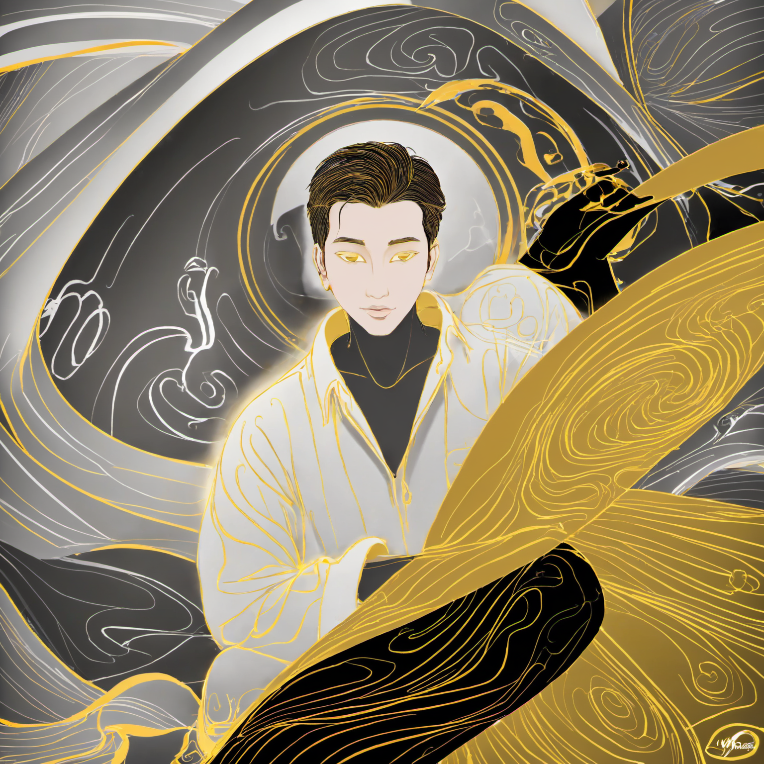 a man,<lora:eastern_mythology_xl:0.8>,golden line,mix,