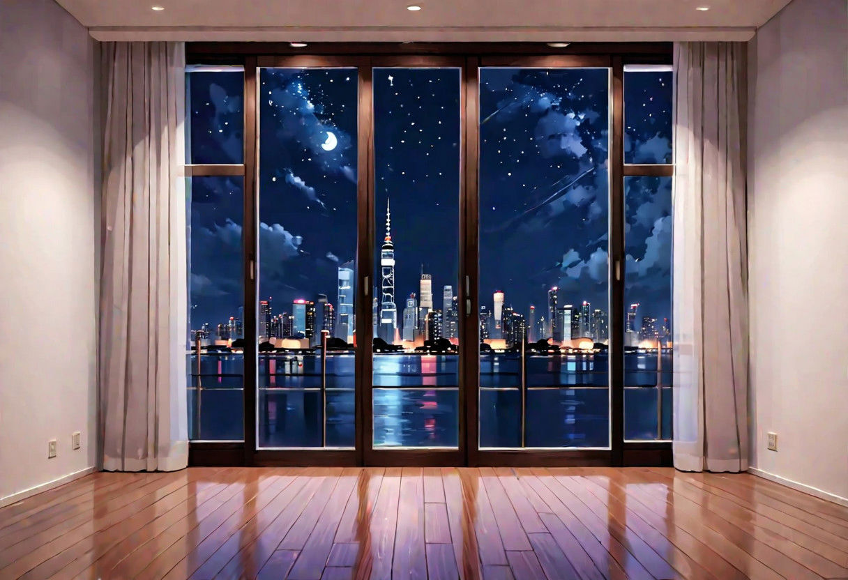 ((((front view)))), Shallow scene, ((animation style)), (((City high-rise building scenery))), ((((City scenery outside the window)))), ((sense of mystery)), (night), starry sky, moonlight, (weak light), (Facing the window), (open window), modern-style interior, Wooden floor, with white walls, (large windows), a living room, sofa and coffee table by the window sill,  (((Sofa placed horizontally))), (Behind the sofa is the window sill),