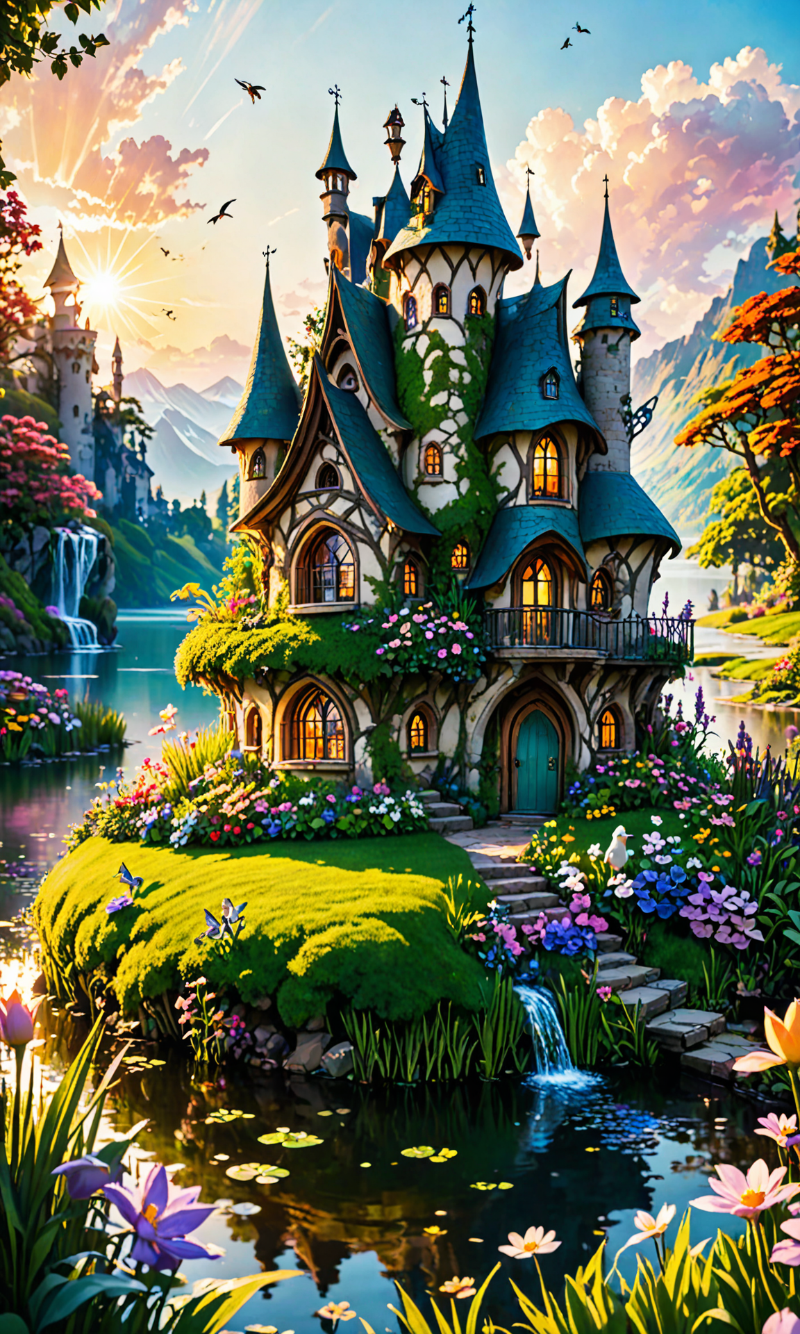 The most amazing dream you ever had about a house. It is so close to the camera, and it's very beautiful. It was just an hour-detailed. A little bird sits on top of the house that will be in a flower garden. The scene looks like a fairy castle made of grass by the lake. It has been lit by sunlight at sunset <hypernet:BadHands:1> <lora:Fast:0.69>