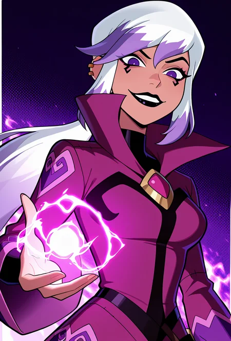 <lora:charmov:1> charmov, long hair, ponytail, , white hair,, 1girl, multicolored hair, purple eyes, ear piercing, two-tone hair, makeup, solo, long sleeves, black lips, purple jacket, long jacket, popped collar, facial expression, dynamic pose, magic, evil smile, evil grin, lookign at viewer, purple background,, masterpiece, best quality, amazing quality, very aesthetic, absurdres, newest,, upper body, halftone effect, white borders, abstract background:1.2,