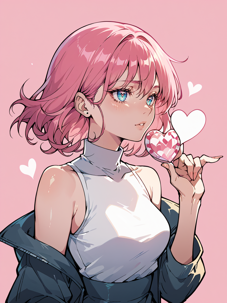 score_9, score_8_up, score_7_up, score_6_up, score_5_up,   <lora:paperlarvaXLP:0.8> paperlarva, 1girl, heart, pink hair,