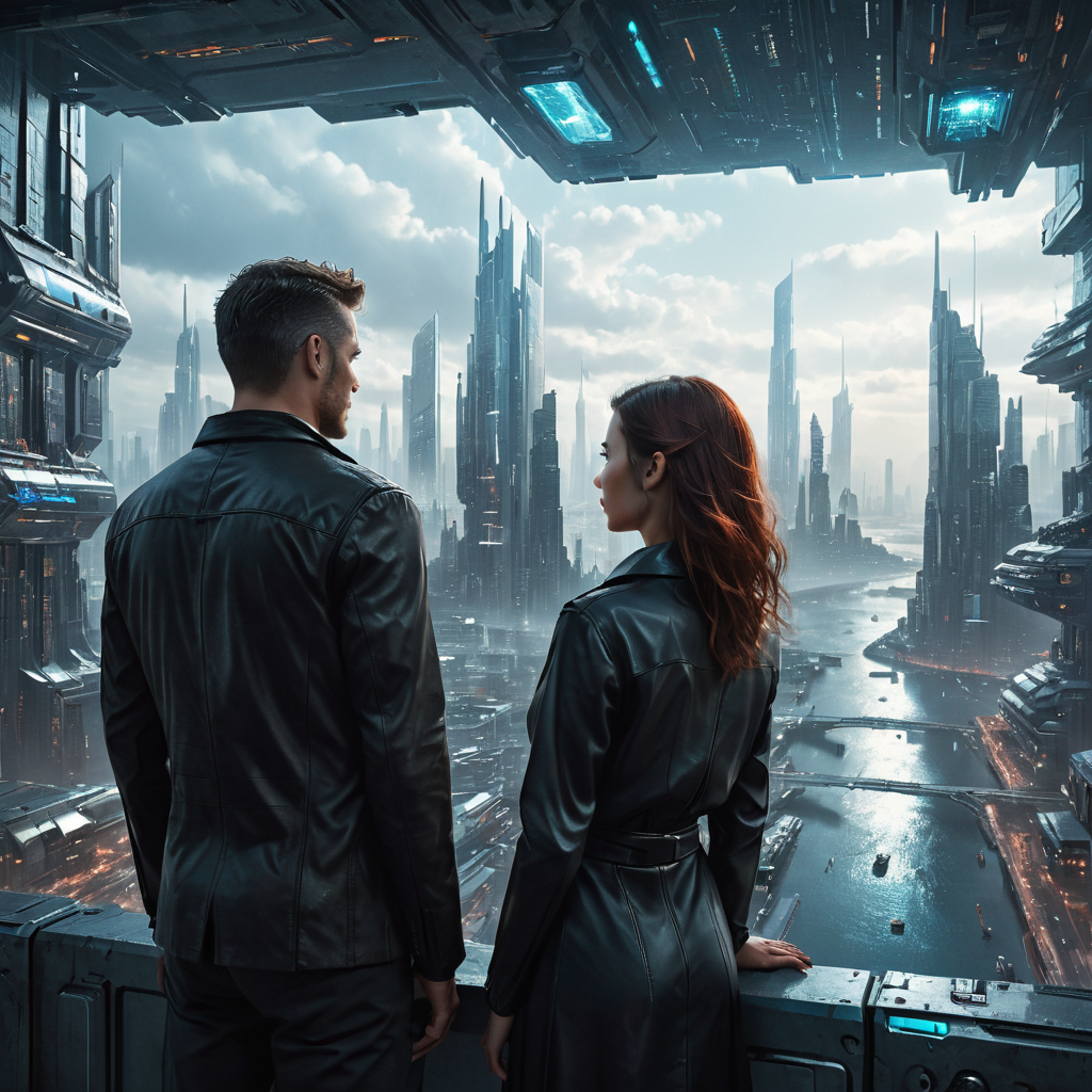 A man and woman looking at a futuristic cityscape,  <lora:Dark_Future_Sci_Fi:0.5>